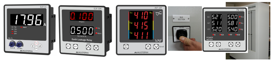 Panel Mount Earth Leakage Relays, Power Meters, Multifunction (VAF) Meters. ELR 11 Earth Leakage Relay, ELR-19N Earth Leakage Relay, AVF-19T 3-Phase Multifunction (VAF) Meter, PM-133 Three-Phase Power Meter. Mimic Cape